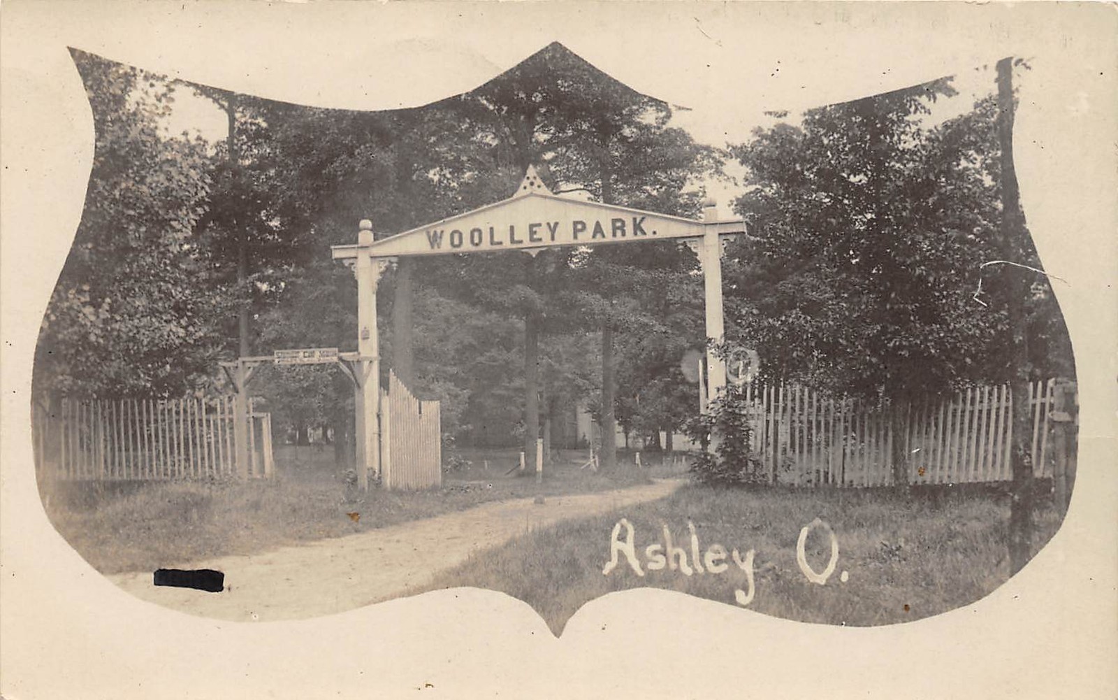 D23/ Ashley Ohio Postcard Real Photo RPPC c1910 Woolley Park Entrance