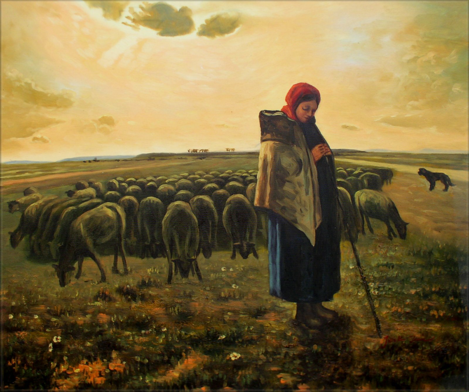 Framed, Millet Shepherdess & Her Flock Repro, Hand Painted Oil Painting