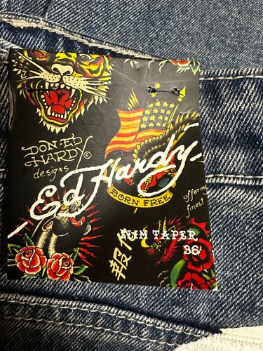 Ed Hardy Mens Blue Tattoo 5 Pocket Design Distressed Denim Slim Tapered Jeans - Picture 7 of 7