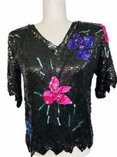 Vintage Pure Silk Beaded Sequin Evening Blouse Embroidered Size 8