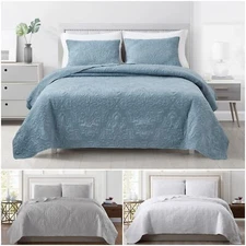 3-Piece Cooling Bamboo Fiber Quilt Set Medallion Embroidered Bedspread Coverlet