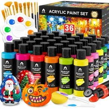 52 Pcs Acrylic Paint Set - 36 Colors (2oz/60ml) with 12 Brushes, 2 Knives & P...