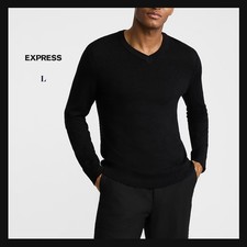 NWT Express Men's MerinoTouch V-Neck Lightweight Sweater Pitch Black Sz L - 78