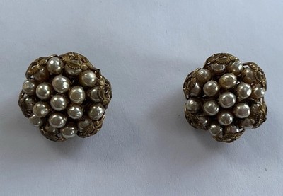 Vintage Miriam Haskell Signed Faux Pearl Cluster Clip On Earrings