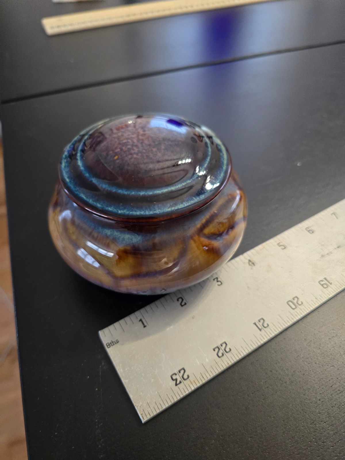 SIGNED BILL CAMPBELL STUDIO ART POTTERY COVERED SUGAR BOWL DRIP GLAZE FREE SHIP!