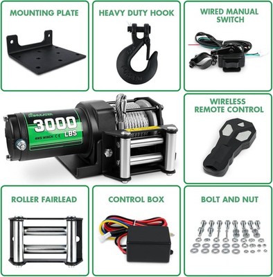 STIMULATER 3000 lb ATV Electric Winch 12V w/ Steel Cable, Hook & IP67 Waterproof