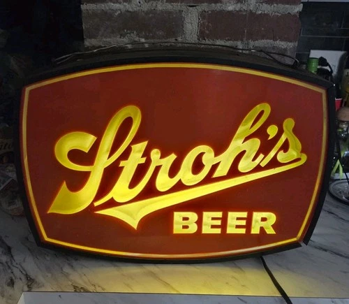 Vintage 1970's Stroh's Beer Bar 2 Sided Lighted Hanging Sign WORKS Man Cave