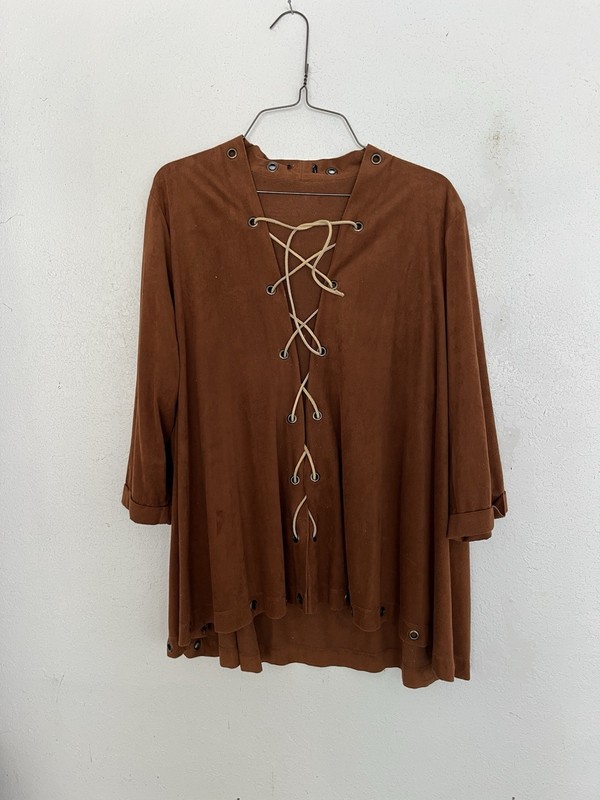 Brown Faux Suede Lace Up Long Sleeve Jacket Large