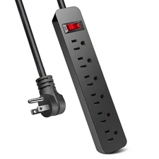 Black 6 Ft Power Strip, 6 Outlets, 15A Breaker, 1875W, Mountable, Flat Plug