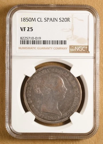 1850 M CL Spain 20 Reales NGC VF25