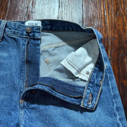 Stivali svasati Agolde Jeans donna 28 blu Leena bambino invecchiati orlo grezzo baffi - Foto 8 di 14