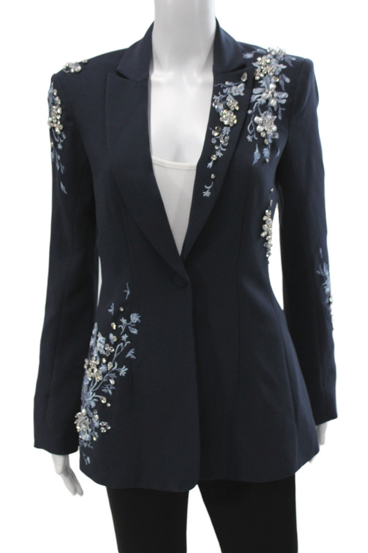 Cinq à Sept Unisex Dark Blue Floral Collared Long Sleeve Blazer Size 2