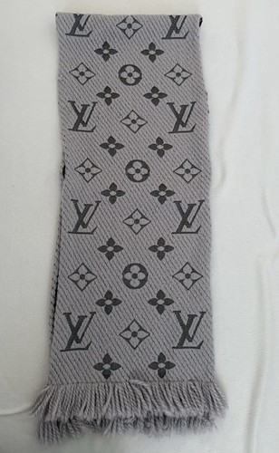 Louis Vuitton Monogram Scarf – Grey Logomania Knit Wool Silk Blend w/ Box Set UK