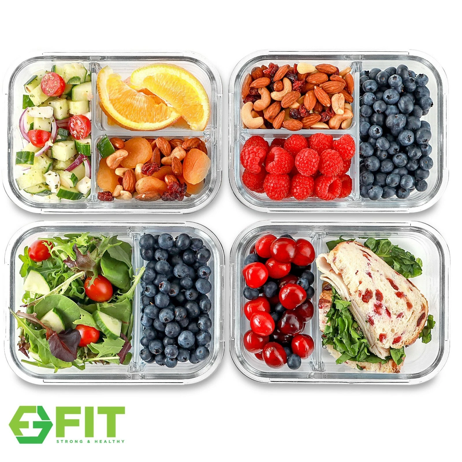 Glass Meal Prep Food Storage Containers (2 & 3 Compartments) 4 Pack, 32 Ounces