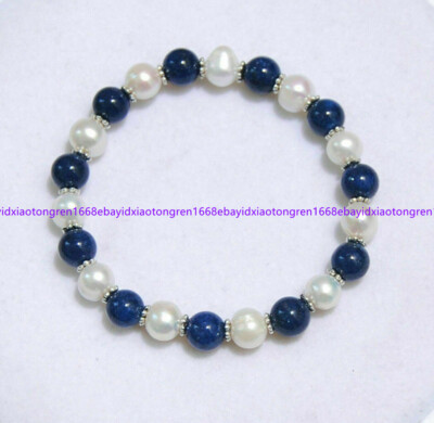 Natural 8mm Blue Lapis Lazuli & 7-8mm White Pearl Stretch Bracelet 7.5 Inch