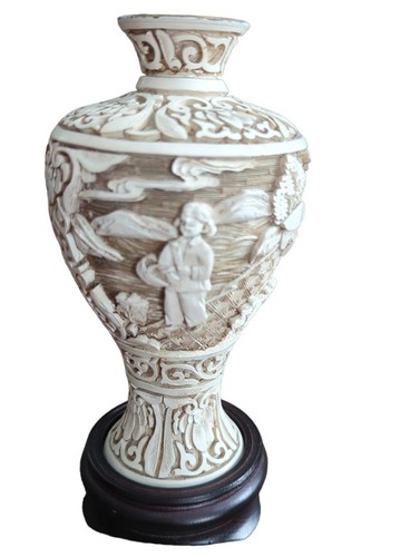 Vintage Arnart 1982 Ivory Dynasty Carved Vase With Wood Stand Arnart Imports - Picture 2 of 12