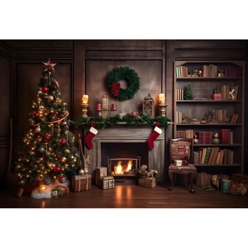 Christmas Fireplace Photography Backdrops Interior Xmas Tree Gifts PartyBackdrop - Picture 15 of 21