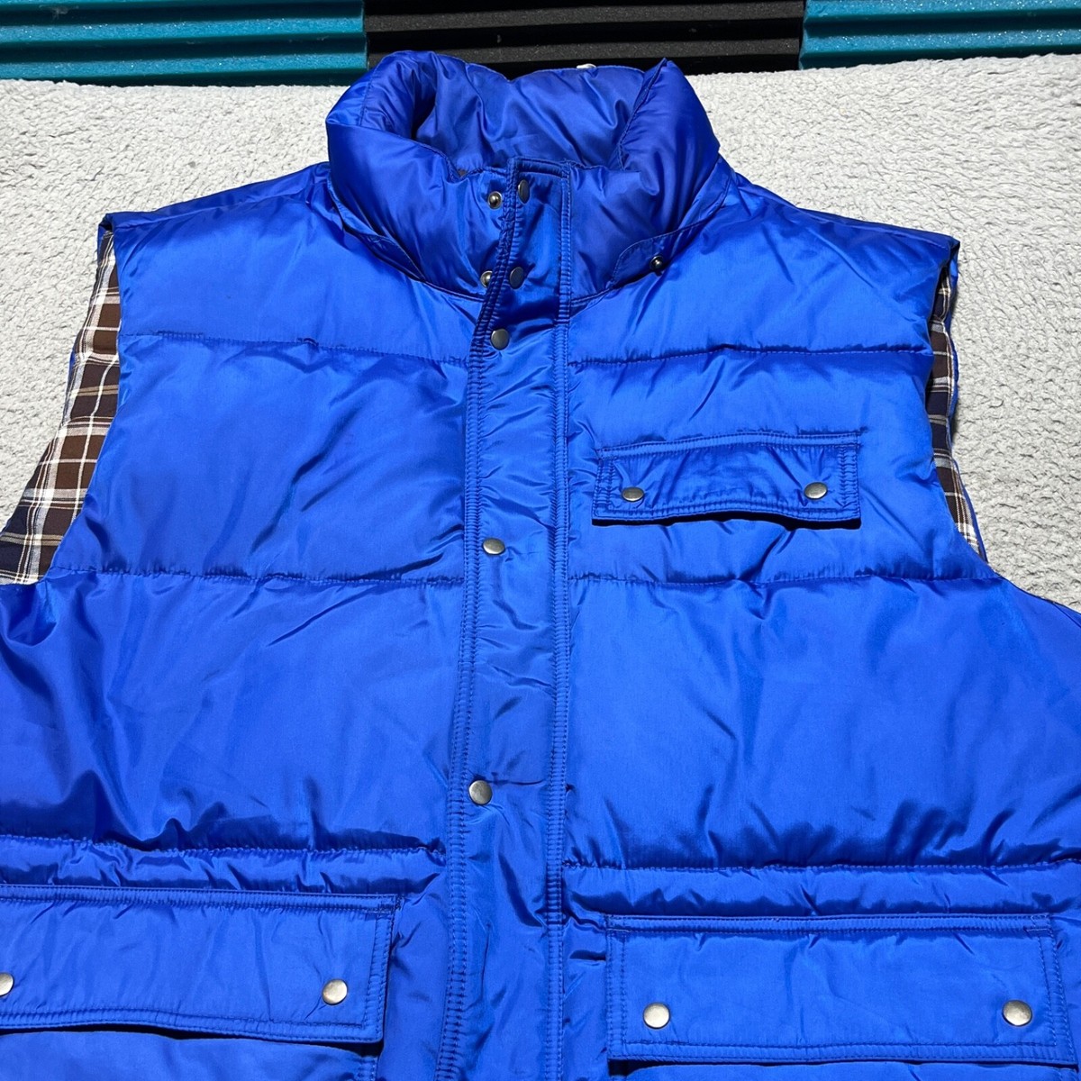 Gap Puffer Vest Mens 2XL Blue Quilted Plaid Liner Snaps