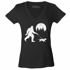 Bigfoot Walking Wiener Dog Women's V-Neck T-shirt Funny Sasquatch Dachshund Tee