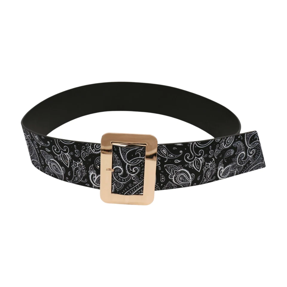 Women Black White Print Belt Hip High Waist Gold Metal Square Buckle Size S M - Image 3 of 4