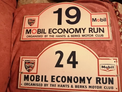 Two Vintage Signs 'Mobil Economy Run Organised by Hants & Berks Motor Club'