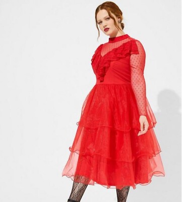 Torrid Beetlejuice Lydia Midi Stretch Challis Mesh Tiered Dress