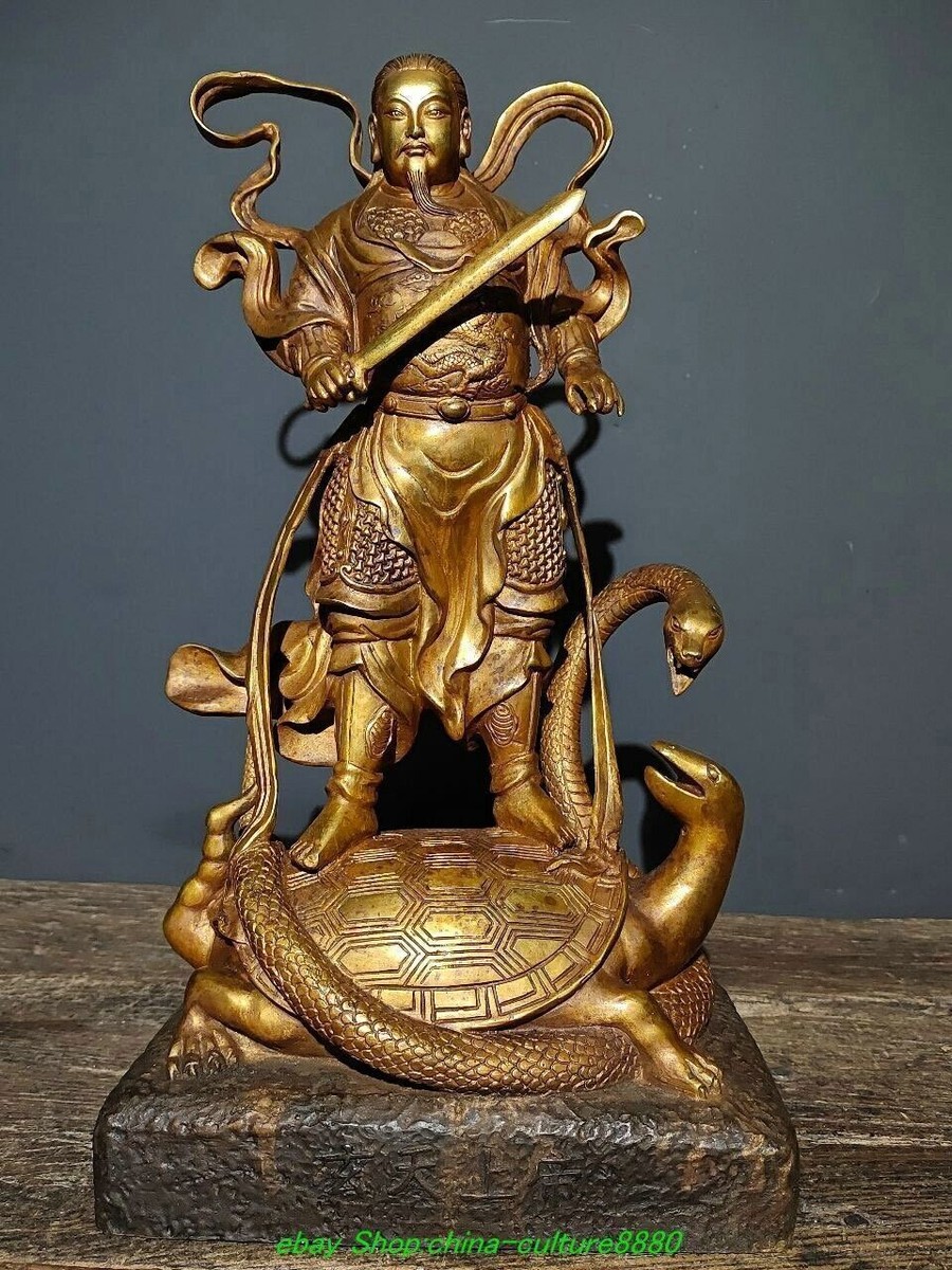 15.7'' Old Pure Bronze Gold Stand Taoism Xuanwu Dadi Emperor