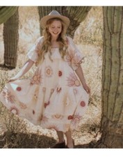 URBAN OUTFITTERS Midi Dress Womens Medium Yellow Total Eclipse Sun Moon Boho