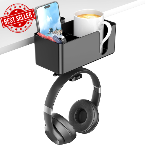 4 in 1 Desk Cup Holder - Clamp on under Desk Headphone Hanger - Rotating Headpho - Picture 8 of 12
