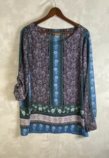 Loft Top Size M  Geometric Floral Blouse  Shirt Roll Tab Sleeve Career Business