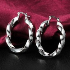 Beautiful New Silver Plated Smooth  Shiny Twisted Oval 1.5" Hoop Earrings