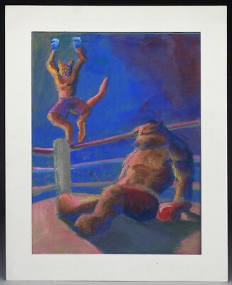Vintage Aussie Boxing Fighting Kangaroo Pastel Drawing Australia Sports #3