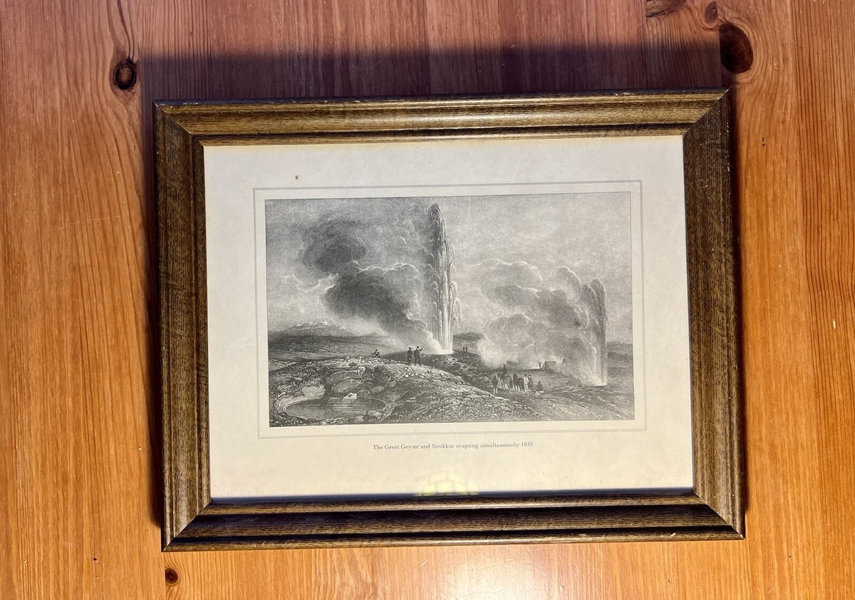 Antique Framed Print The Great Geyser and Strokkur Erupting 