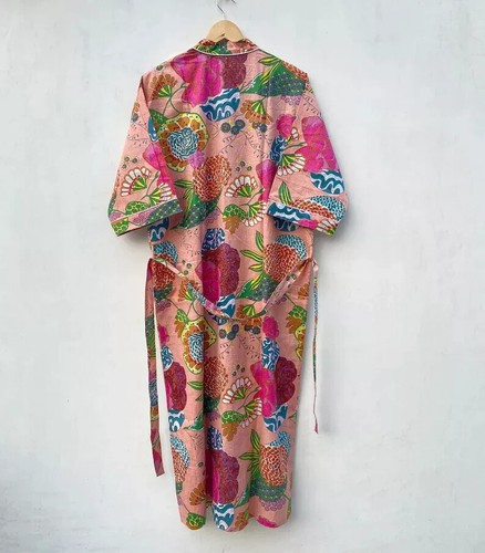 Indian Floral Peach 100% Cotton Kimono Robes Bridal Night Maxi Kimono Robes Long - Picture 4 of 4