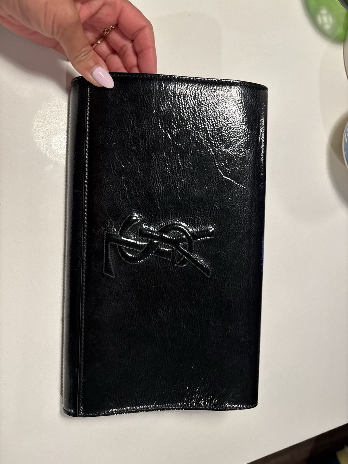 Saint Laurent YSL Belle de Jour Large Logo Clutch in Black Patent Leather