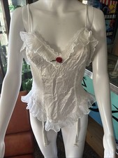 VTG Lingerie 80s 90s Teddy w/ Garters Bridal White USA Made NANI FLOWER S/M