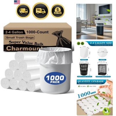Small Trash Bags 2-4 Gallon 1000 Count, Unscented White Plastic Wastebasket L...