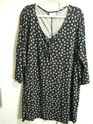 B1 C&A T-Shirt Tunika Gr 48/50 schwarz Punkteblumen weiß Kreuzband vorne 3/4-Arm