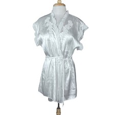 Linea Donatella White Satin Short Robe Womens Large Tie Waist Ruffle Sequin Bead