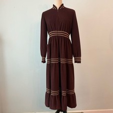 Vintage Vassarette Prairie Nightgown Brown w/ Gold Trim 1970s