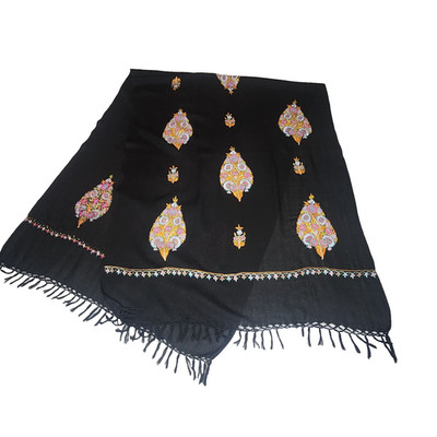 Traditional Ari Wool Shawl Black Wrap Stylized Embroidered Multicolor Floral