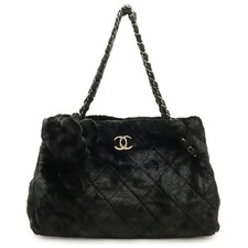 Chanel Camellia Faux Fur Patent Leather Shoulder Tote Bag Women Black One Size
