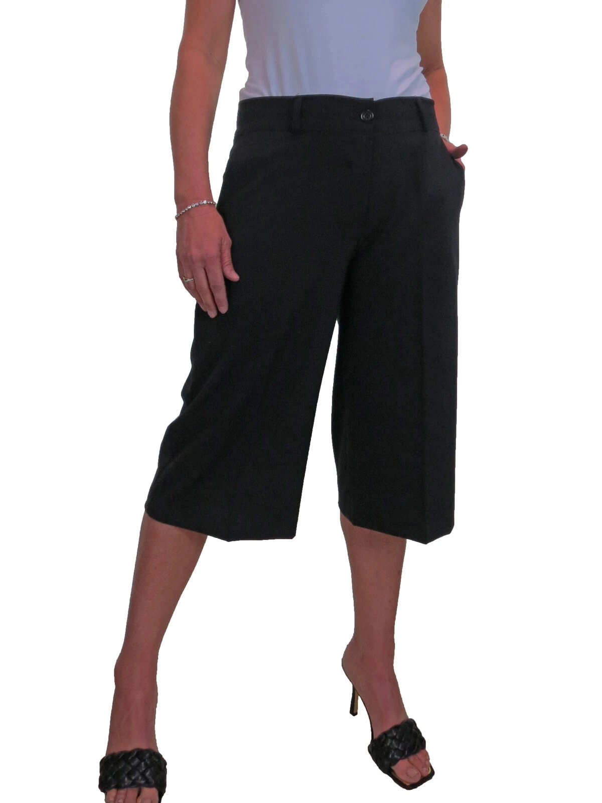 Ladies Smart Soft Culottes 3/4 Cropped Trousers Long Tailored Shorts Black 8-22