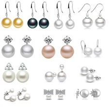Sterling Silver 6-12mm Natural Sea Shell Pearl CZ Hook Drop Dangle Stud Earrings