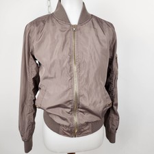 Forever Flower Champagne Brown Zip Front Satin Bomber Jacket 90s Y2k Womens S