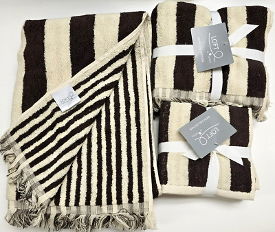 LOFT 100% COTTON BROWN,BEIGE REVERSIBLE STRIPE BATH,2 HAND,OR 4 WASHCLOTH TOWEL