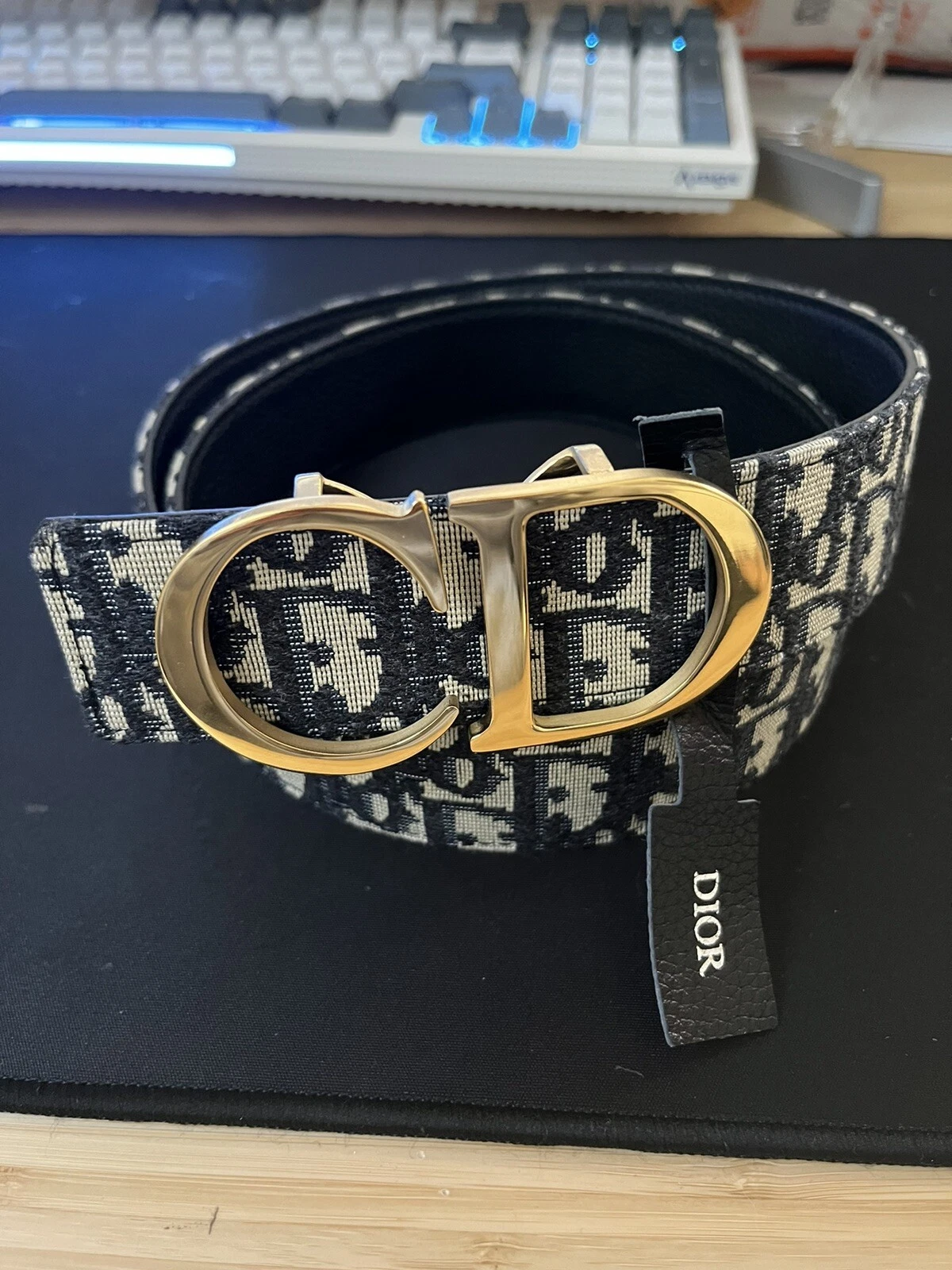 Christian Dior réversible oblique jacquard et veau grainé noir 40 mm