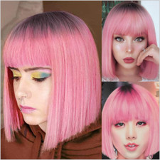 Straight Ombre Pink Short Bob Wigs with Bangs Synthetic for Women Cosplay Party