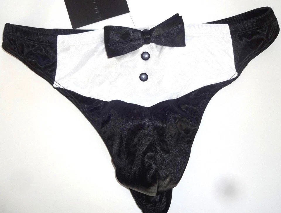 NEW MEN'S BLACK TIE SATIN INTIMO TUXEDO THONG  - Image 4 of 4