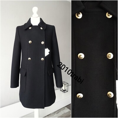 ZARA BLACK WOOL BLEND DOUBLE-BREASTED COAT WITH GOLDEN BUTTONS SIZE L  UK